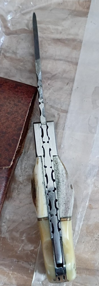 Lockblade Folder Antler/Bone Damascus Steel, Custom Made, Leather Sheath, Read