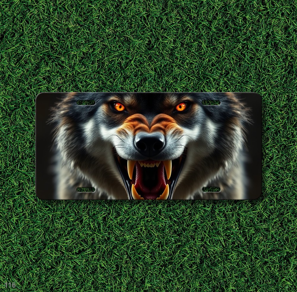 Realistic Wolf License Plate with Sharp Teeth Your Text Universal Fit Plate Holi