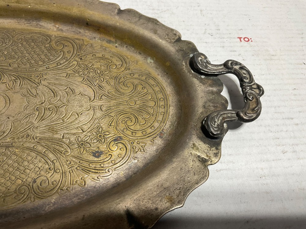 Silver On Copper Antique Engraved 9 1/2” Platter