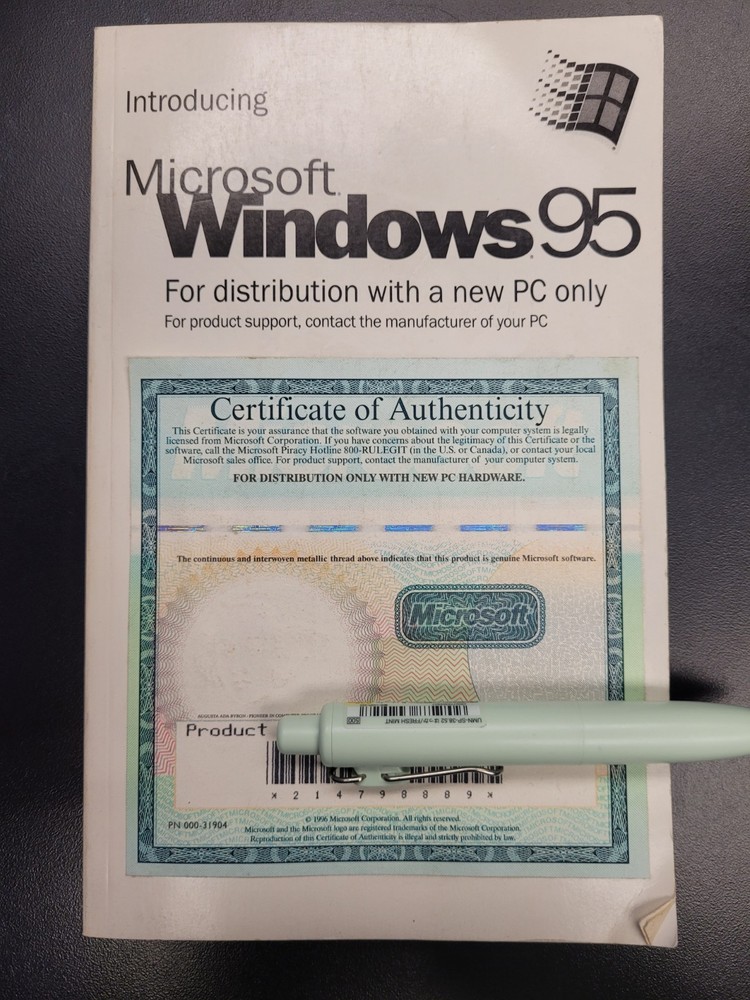 Microsoft Windows 95 Certificate Of Authenticity Manual
