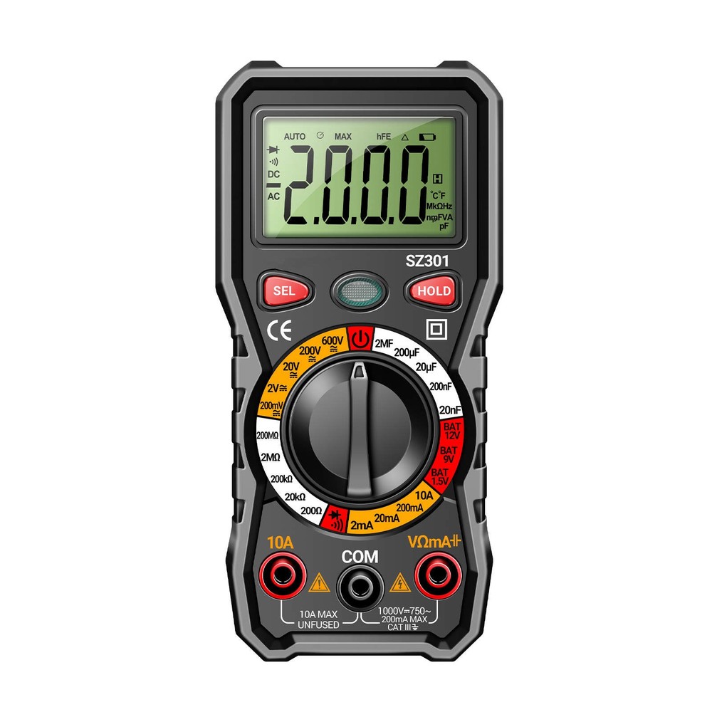 Digital Multimeter Auto-Ranging 600V 10A Measures AC DC Volt Amp Ohm Temp Diode