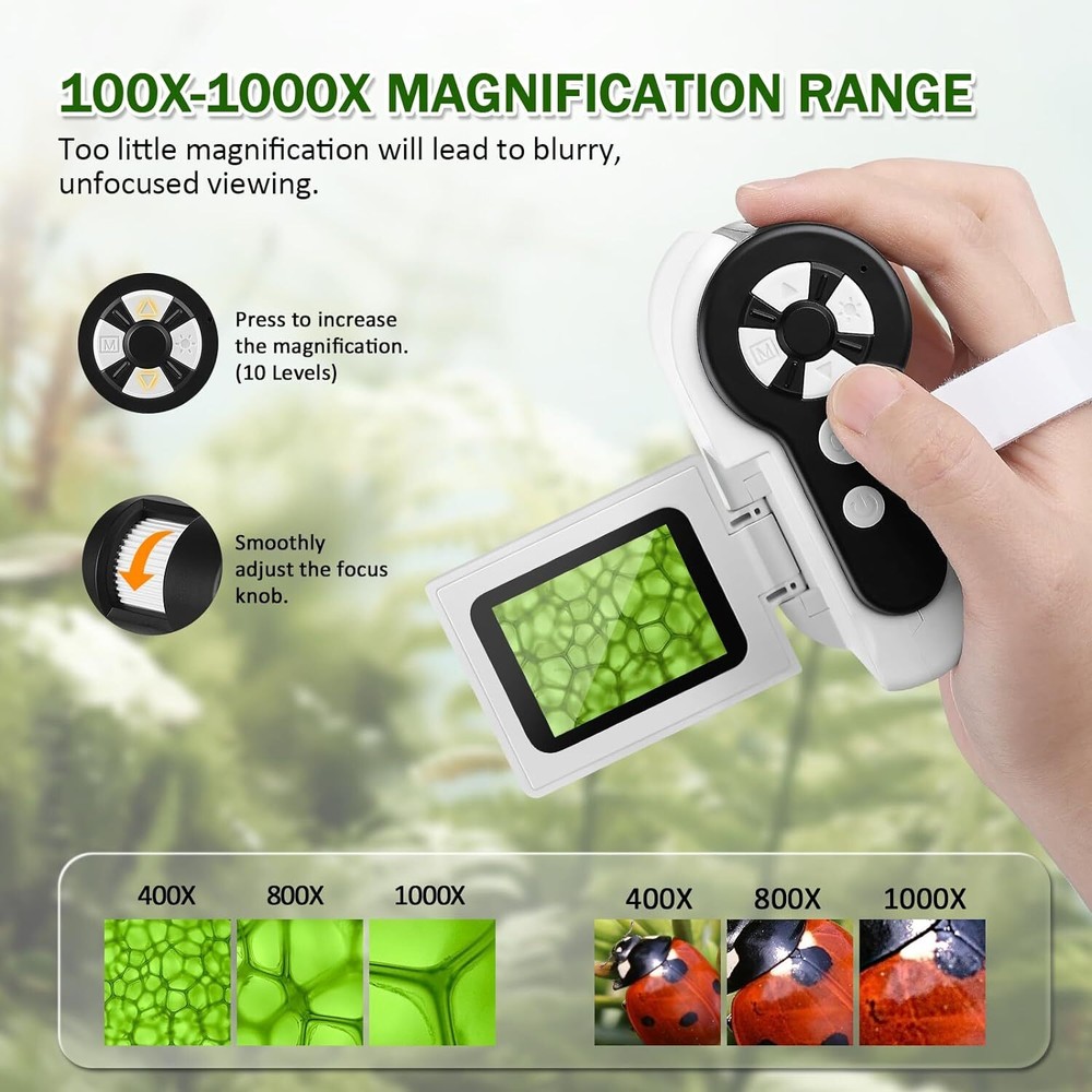 Microscope for Kids - 1000x Handheld Microscope with LED Lights 2'' LCD Screen