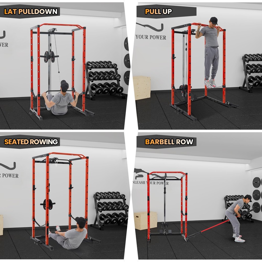 Power Cage Power Rack 1600LBS Multi-Functional Power Rack Workout w/LAT Pulldown