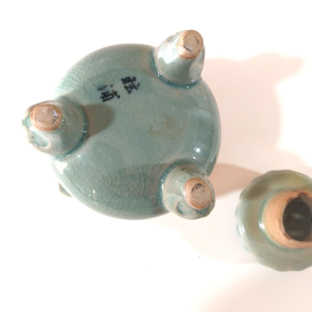 Asian Goryeo Green Celadon 3 Leg Incense Burner Censor Cranes Signed