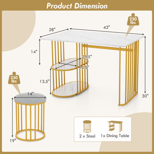 Rectangular Dining Table for 2 with 2-tier Storage Shelf for Small Space Dining