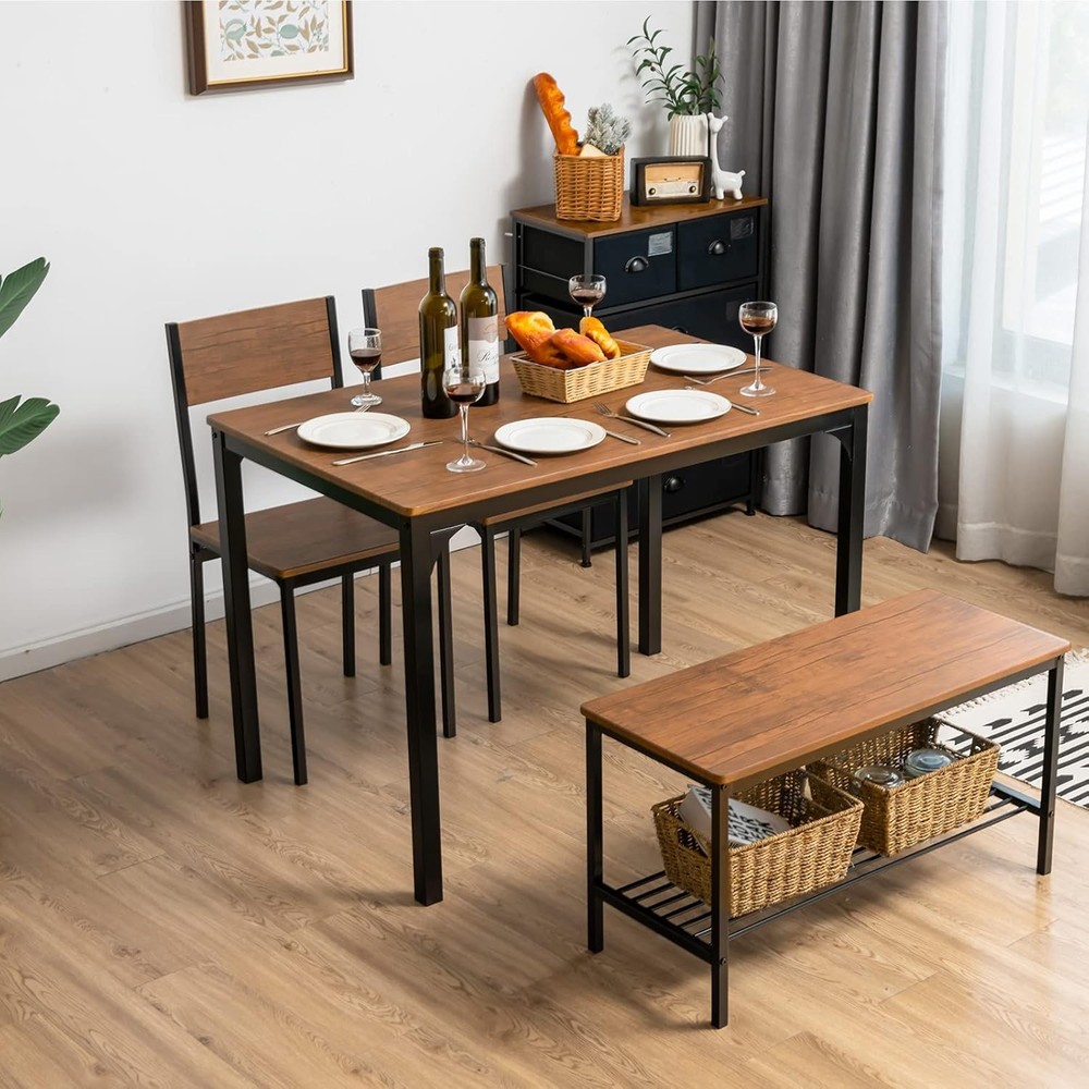 Dining Table Set 4 43" Kitchen Table & Chairs Dining Bench W/ Metal Frame &