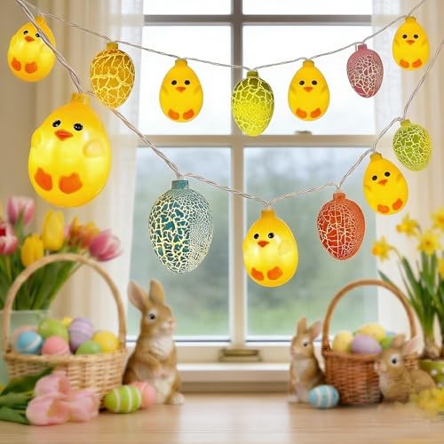 LED Easter Yellow Chicks Cracked Egg String Lights, 8.5Ft Multicolor Egg Chick