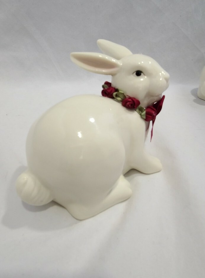 Easter Bunnies Bunny Rabbit White Ceramic Porcelain Figurines Tabletop Decor