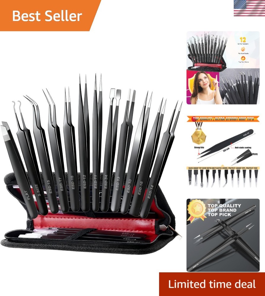12 Pack Precision Tweezers Set with Case - Ideal for Craft, Beauty & Electronics