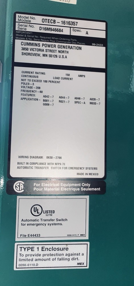 Cummins Automatic Transfer Switch 150 Amps 208V 3 Pole OTECB - 1616357