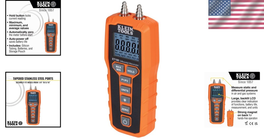 Compact Differential Digital Manometer - Large Backlit Display for Easy Readings