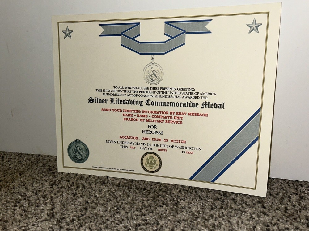SILVER LIFESAVING MEDAL COMMEMORATIVE CERTIFICATE ~ TYPE-2 w/PRINTING