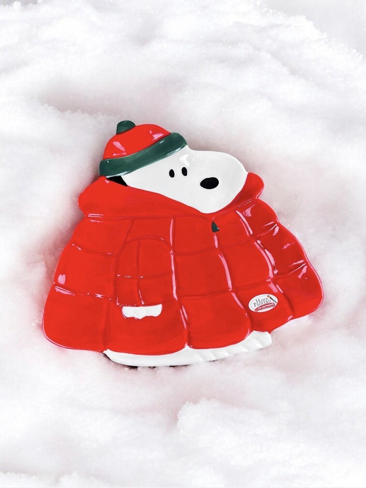 Peanuts Snoopy Red Puffer Jacket Winter Serving Platter Hand Painted