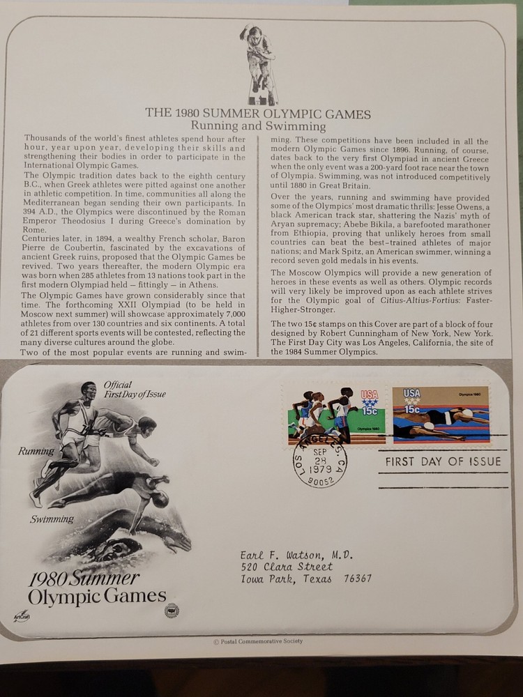 Scott #1791 & 1792 15c Olympics Runners/Swimmers FDC, Cachet & Description Sheet