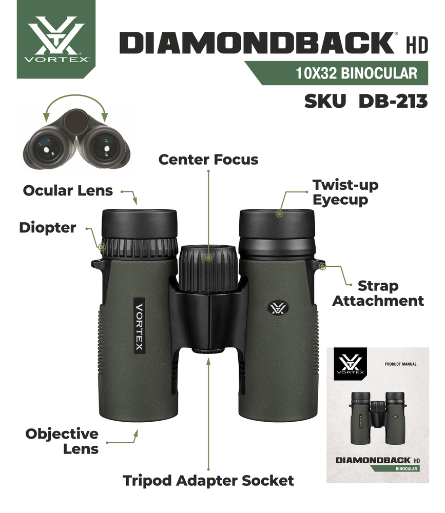 Vortex Optics DB-213 Diamondback HD 10x32 Binocular with Free Hat Bundle