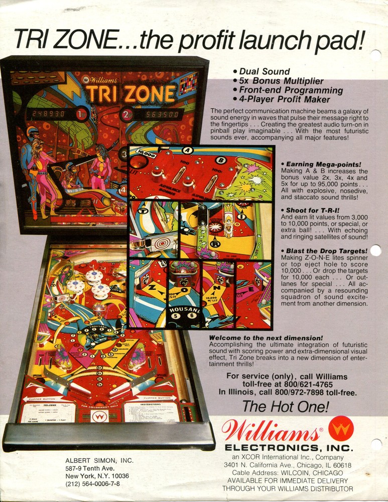 Tri Zone Williams Pinball Flyer / Brochure / Ad