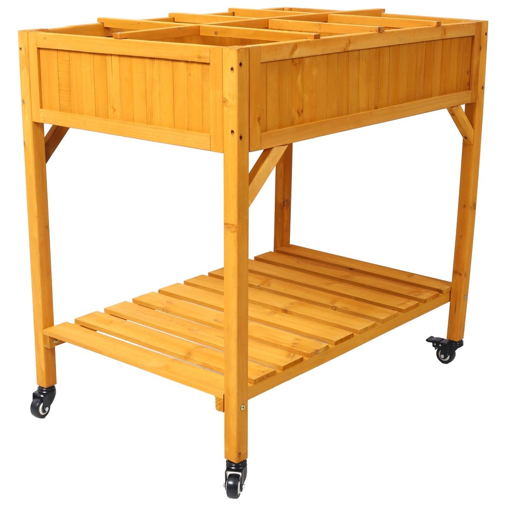 Mobile Elevated 8-Pocket Wood Planter w/ Lockable Wheels & Storage Shelf