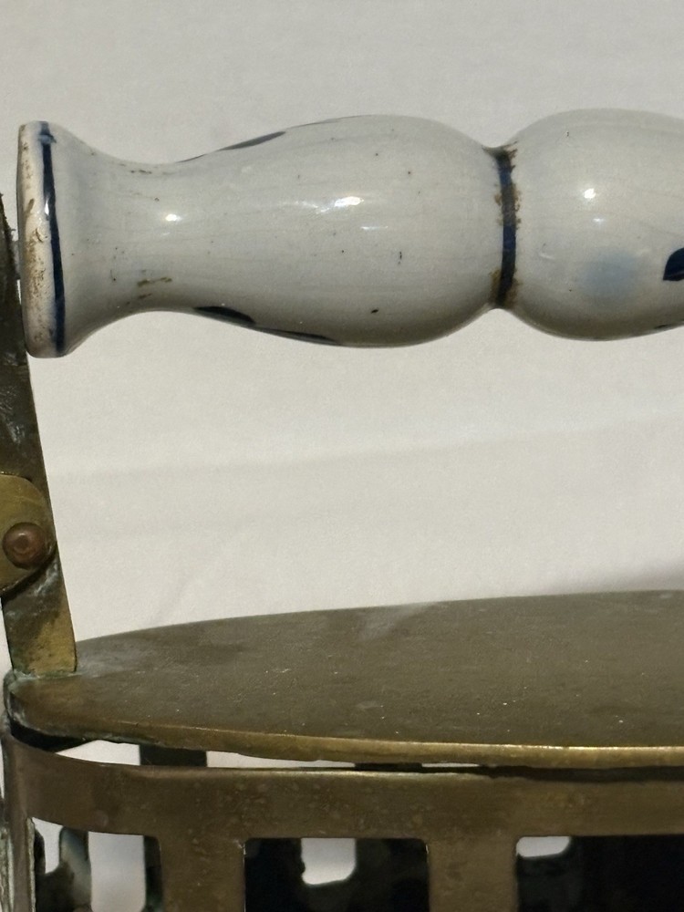 Antique Solid Brass Coal Iron Pottery Handle Dutch Delft White And Blue Handle