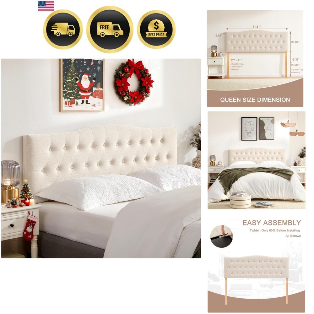 Queen Headboard Tufted Upholstered Bed Frame Linen Adjustable Height Modern D...