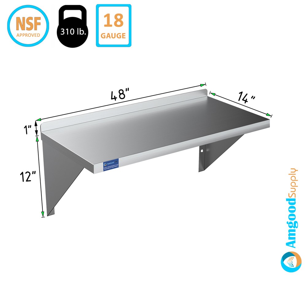 14" Width x 48" Length | Stainless Steel Wall Shelf | Square Edge
