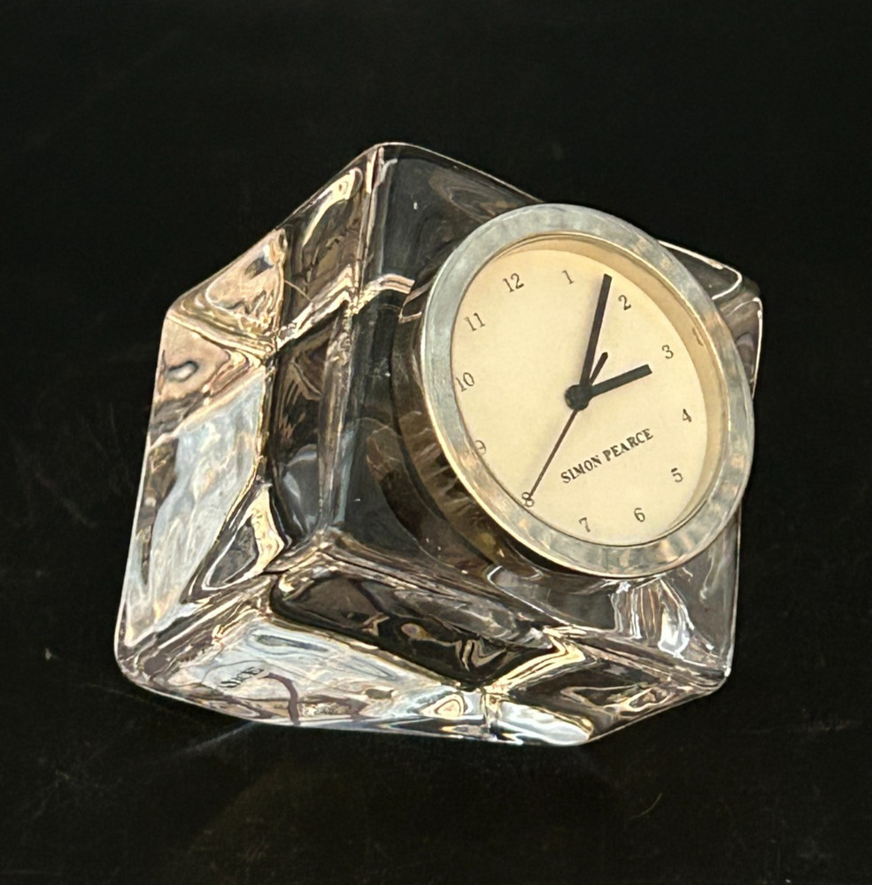 Simon Pearce Clear Glass Small Angled Cube Desk Clock ~ 2" Tall ~ Signed