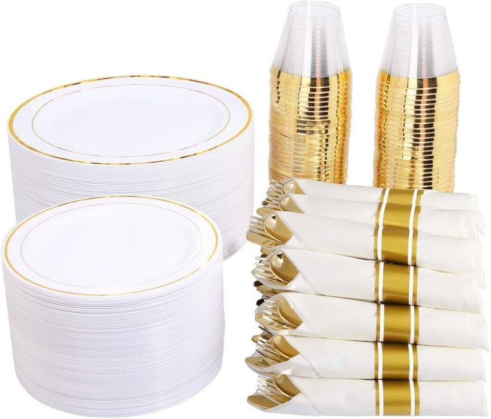 350 Pieces Gold Plastic Disposable Dinnerware Set w/Silverware and Cups Plates