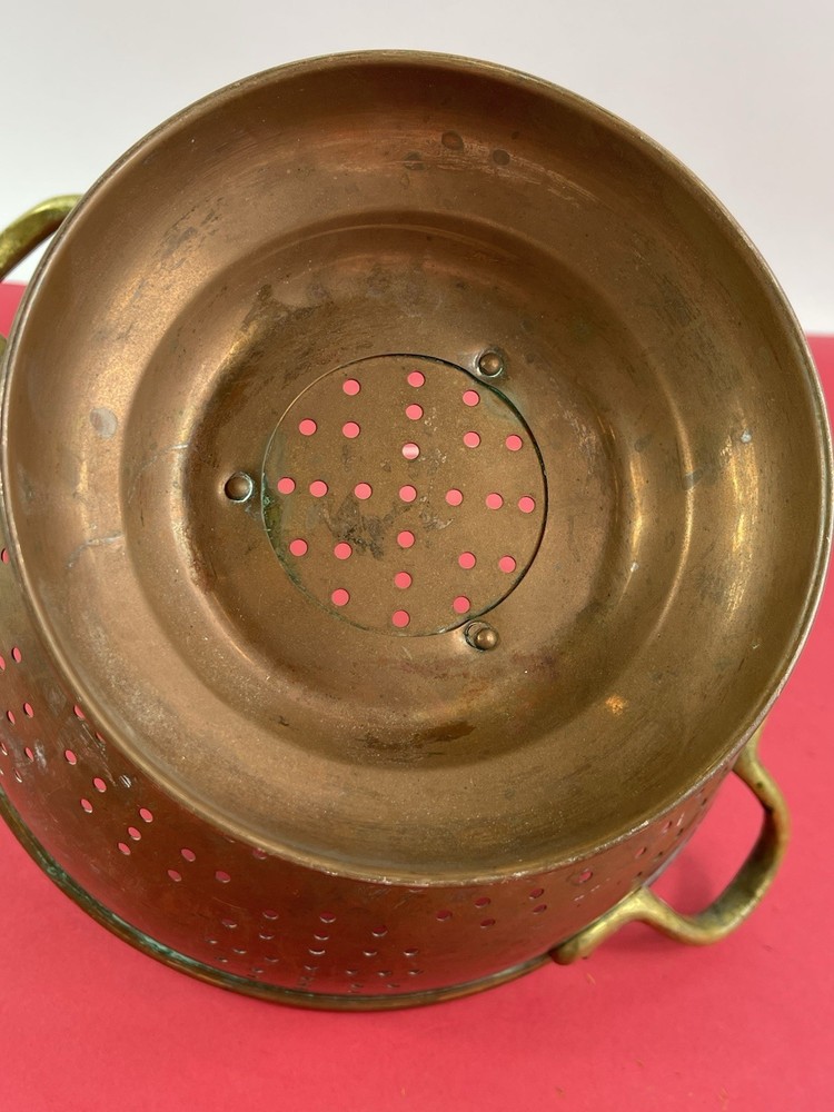Vintage Copper 9" Colander Strainer Bowl Brass Handles