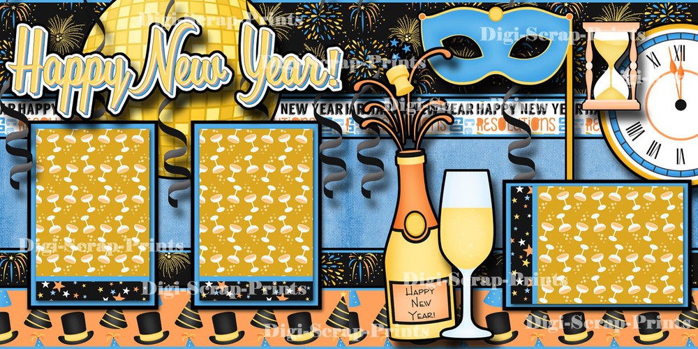 HAPPY NEW YEAR ~ 2 premade scrapbook pages paper piecing layout ~ BY DIGISCRAP