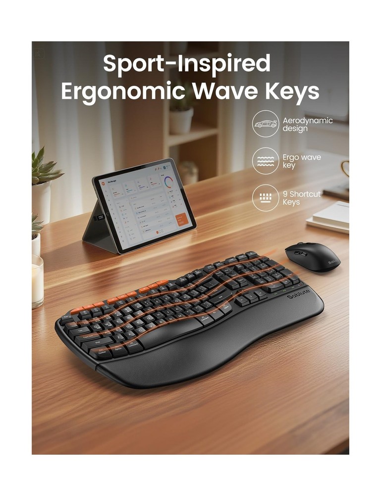 Ergonomic Wireless Keyboard & Mouse Combo USB-A & C Dongle Laptop/Mac Compatible