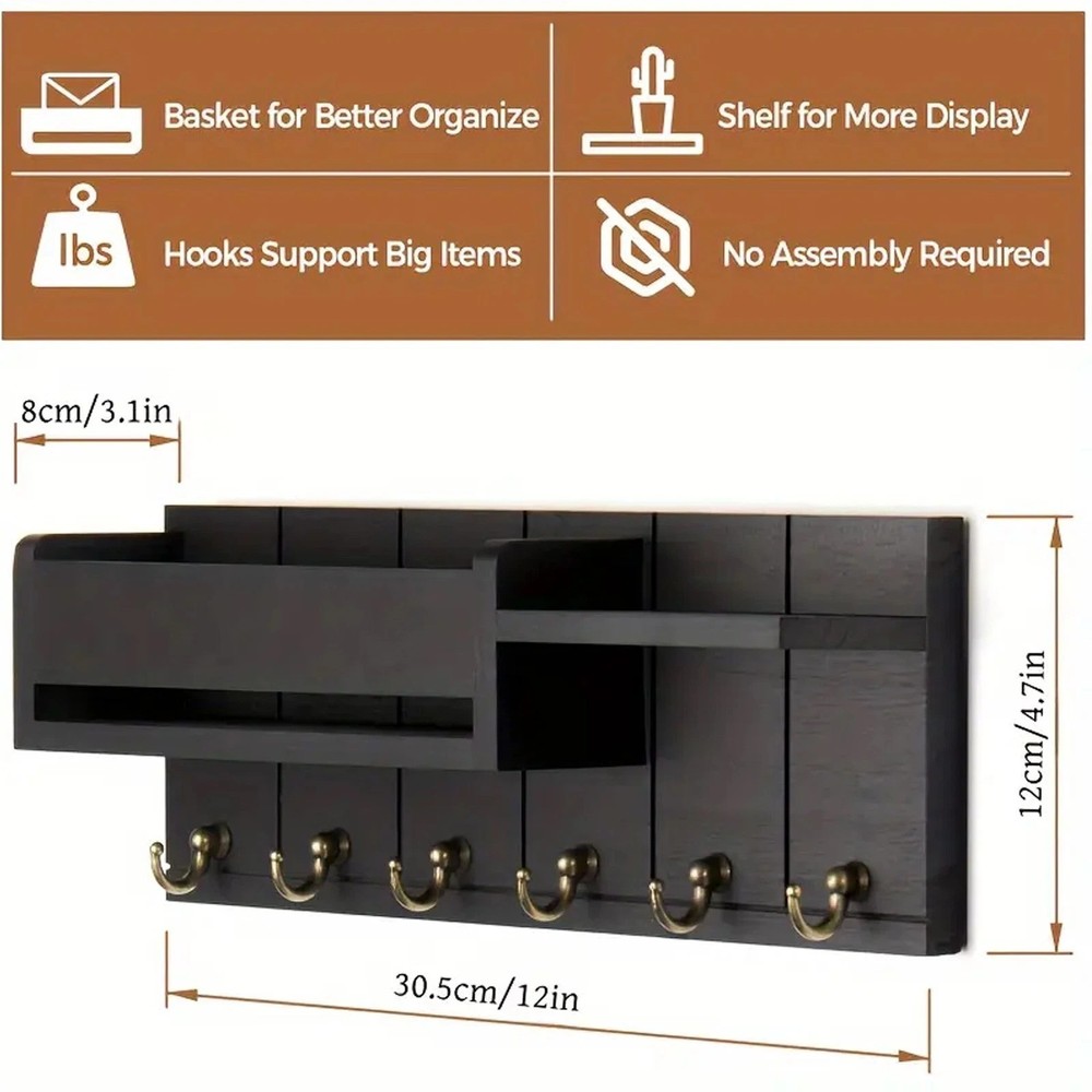 Wall-Mounted Key Holder & Mail Organizer with Hooks - Entryway Storage & Decor