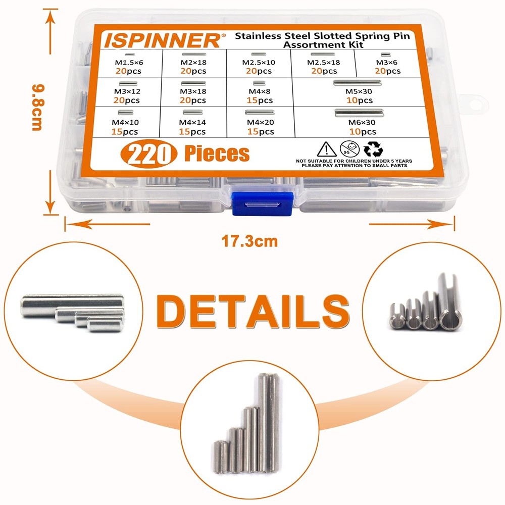 ISPINNER 220pcs Roll Pin Set, Stainless Steel Slotted Spring Assortment...