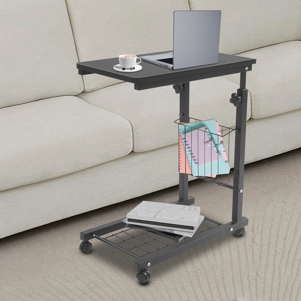 2 Tiers Adjustable Bed Side Table Thickened Mobile Standalone Table w/ Wheels