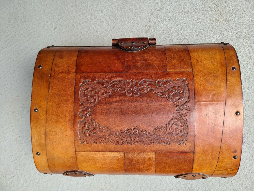Gorgeous Leather Trunk with Rounded Hand-Tooled Cover