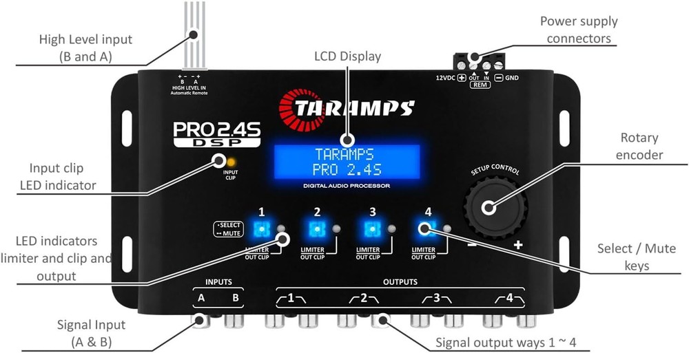 Taramps Pro 2.4S DSP Crossover Full Digital Signal Processor & 15-Band Equalizer