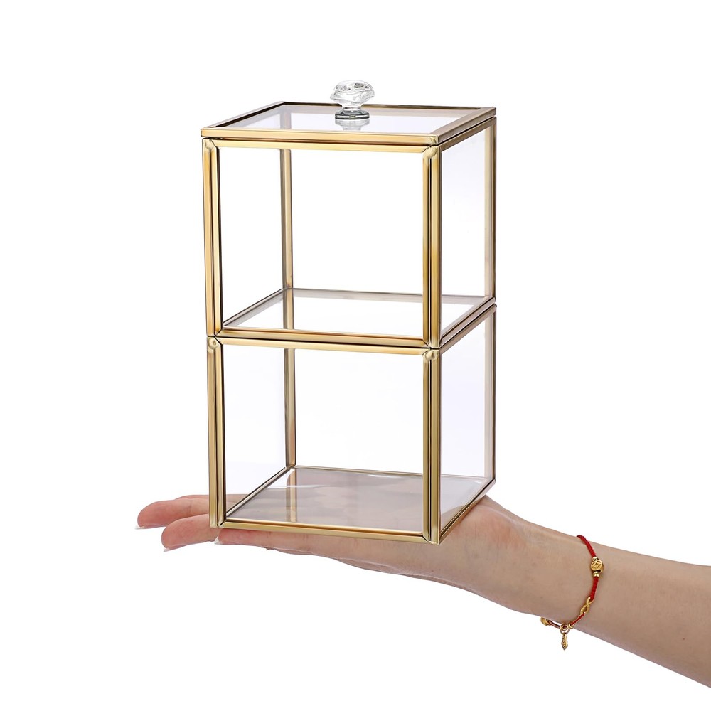 Hipiwe Glass Qtip Holder Dispenser with Lid 2-Tier Stackable Bathroom Gold