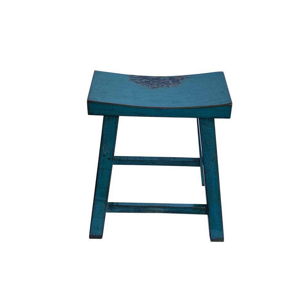 Distressed Teal Blue Rectangle Backless Slim Stool Bench Side Table JK327