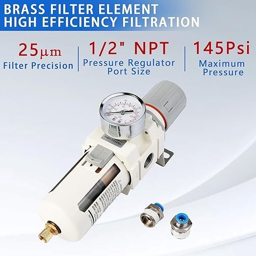 1/2" NPT Compressed Air Filter Regulator Combo, 5 Micron Brass Filter