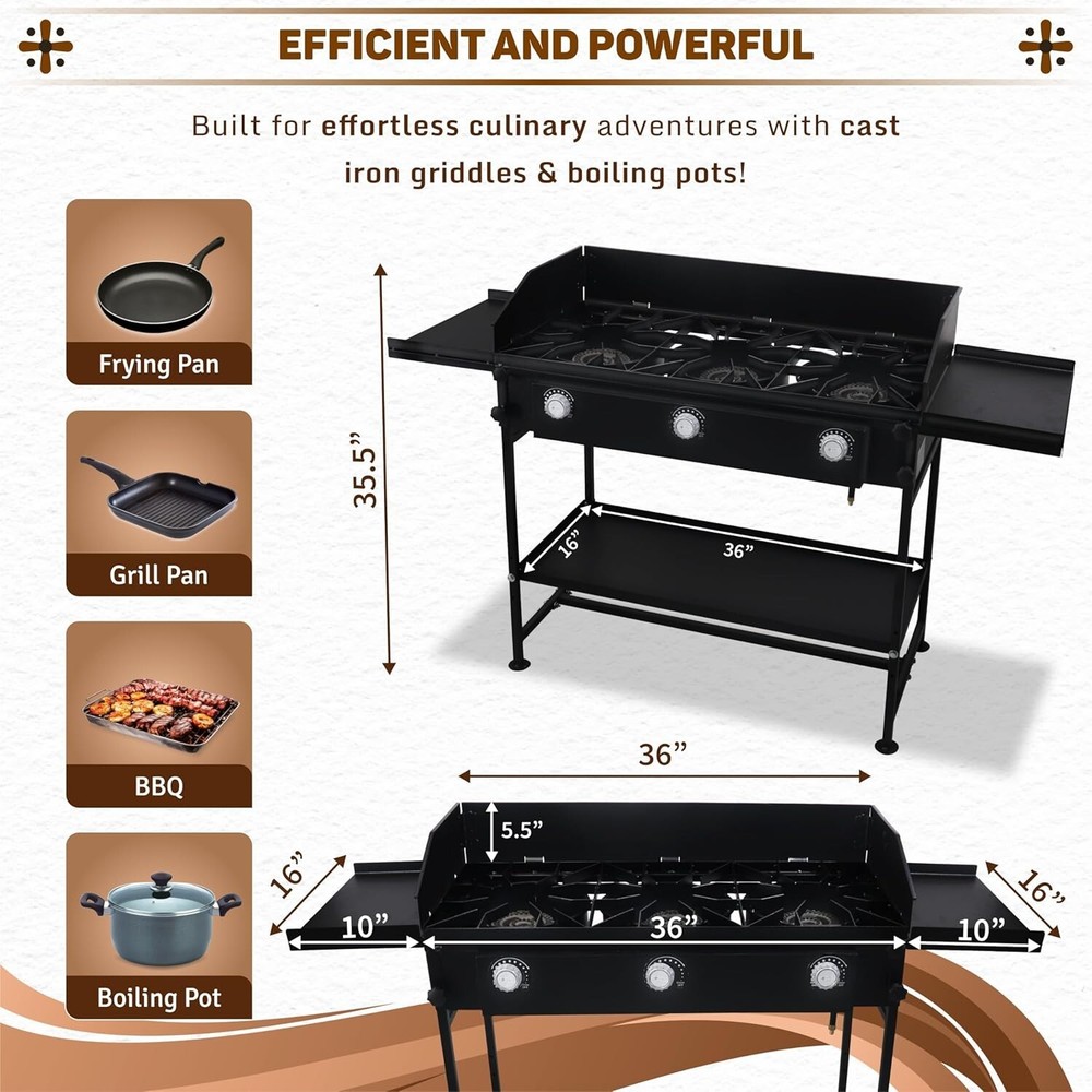 Three Burner Propane Stove - with Dual Side & Bottom Shelf and Wind Panel