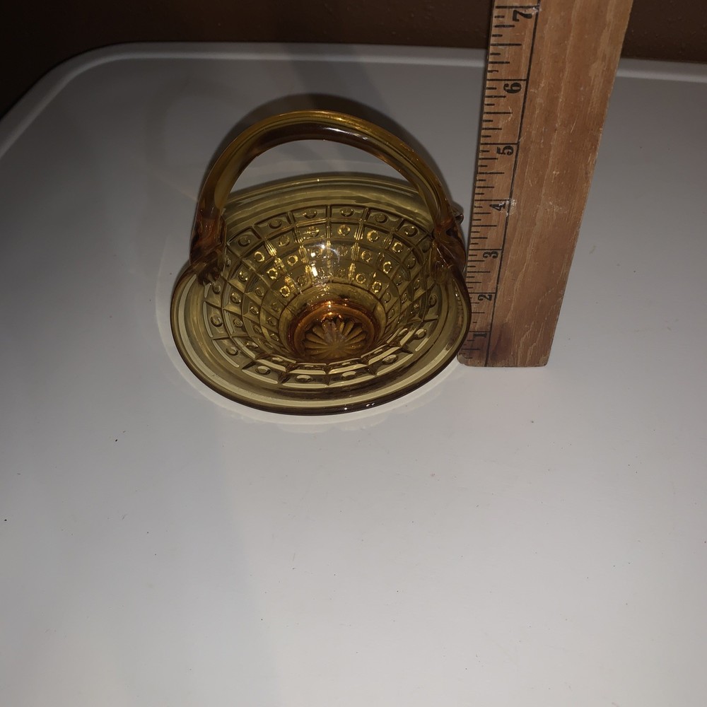 Basket Amber Pressed Depression Glass Square & Dot Pattern 5.5"