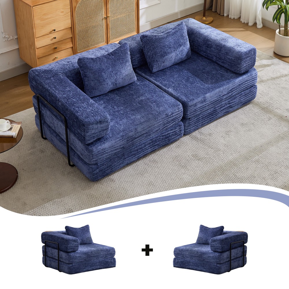 Foldable Sofa Bed with Memory Foam - Dark Blue Chenille Fabric
