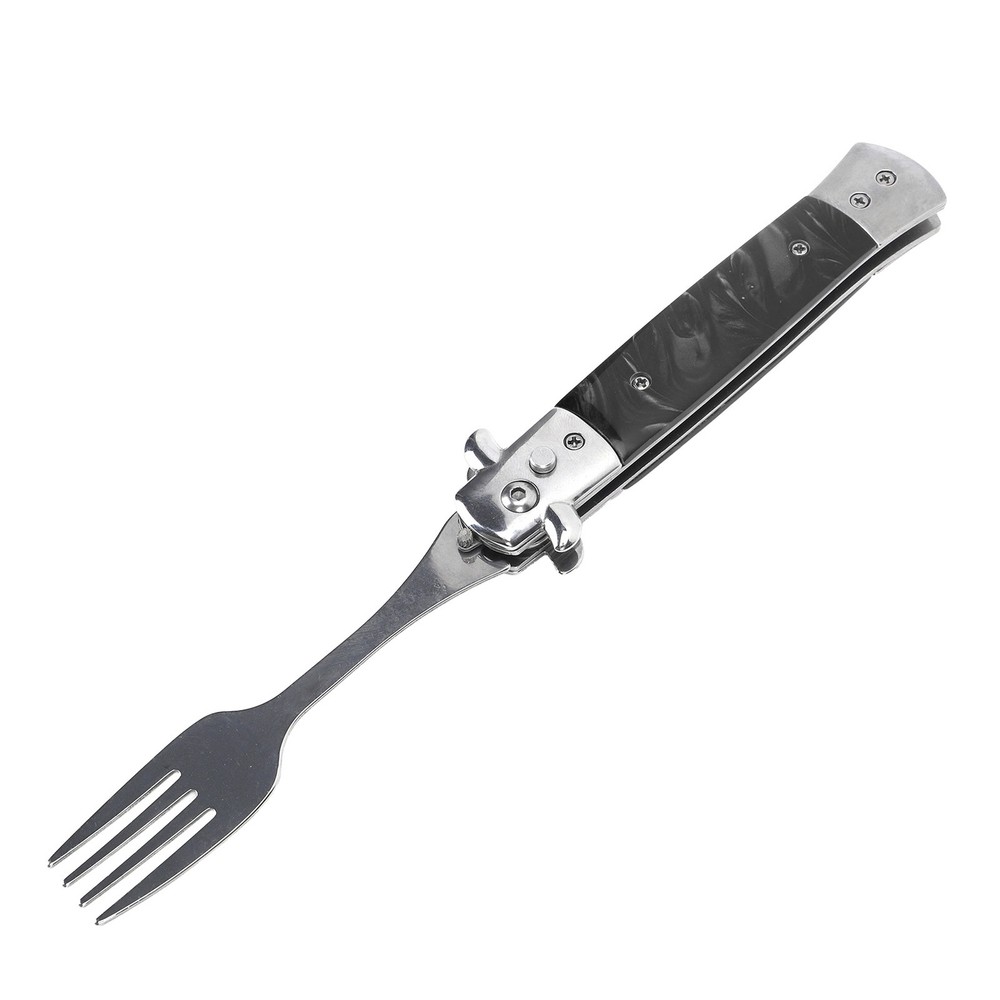 Black Folding Spring Camping Fork One Button Flick 304 Stainless Steel WT