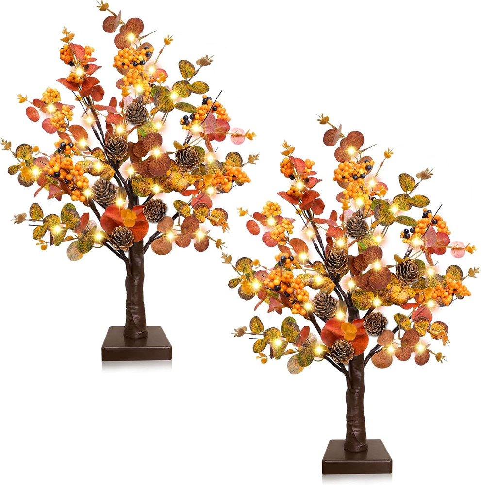 [ Prelit & Timer ] 2 Pack Fall Decor Tabletop Fall Tree with 48 LED Battery