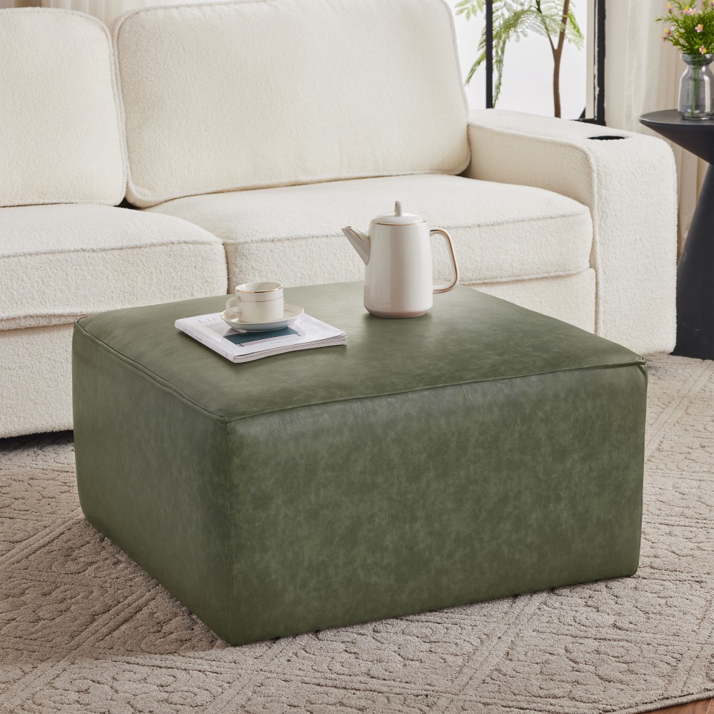 Upholstered Square PU Leather Ottoman,Black