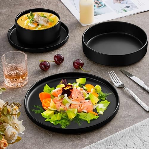 Dinnerware Sets with Pasta Bowls for 4 Piece Dinner Salad 16 Matte Black