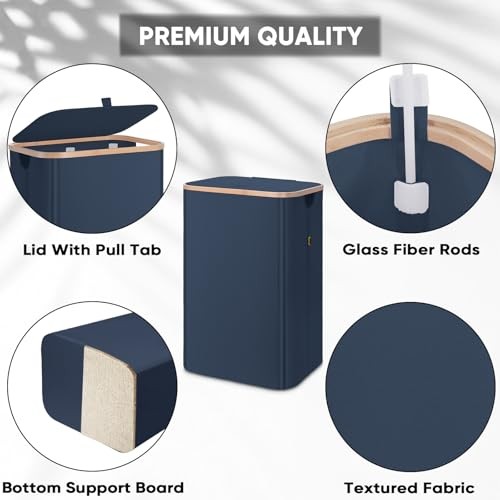 Laundry Hamper with Lid, Tall Laundry Baskets with Bamboo Pull 100 liters Blue