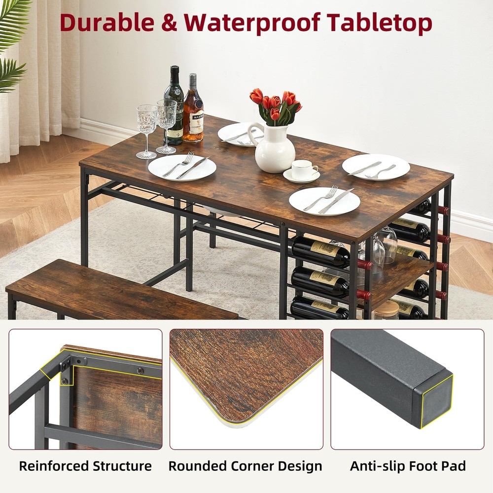 Dining Table Set for 4 ,Modern Kitchen Table with 2 Benches & torage Shelf Home