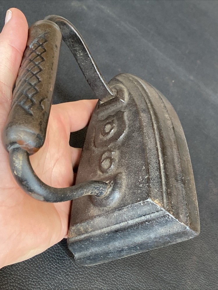 Antique C Shield 6 Primitive Cast Sad Flat Iron Ornate Embossed Diamond Handle