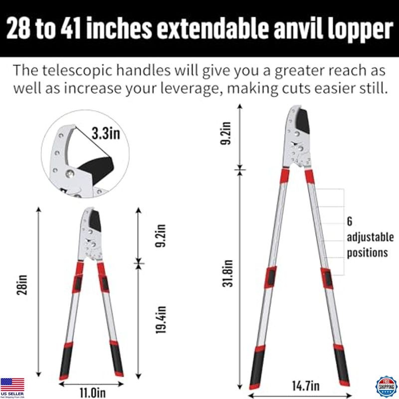 Heavy-Duty Extendable Loppers 28"-41" Telescopic Tree Trimmer, Cuts 2" Branches