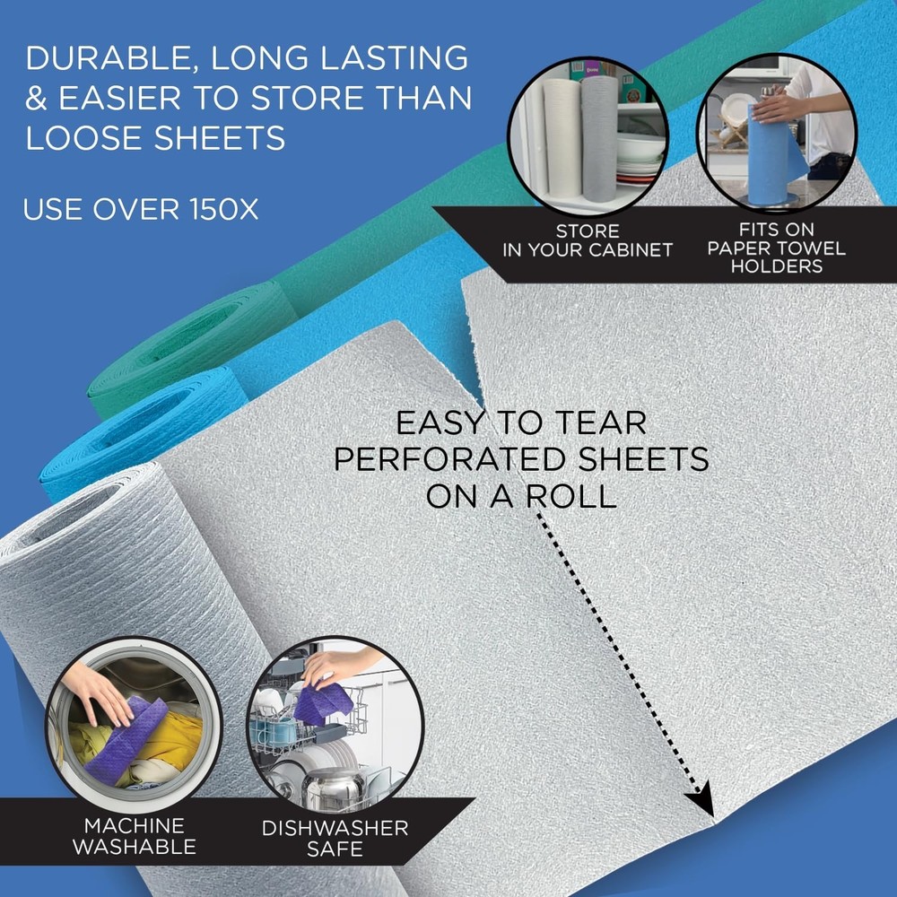 Swedish Dishcloths for Kitchen XL, 30 Sheet Roll, Biodegradable & Compostable...