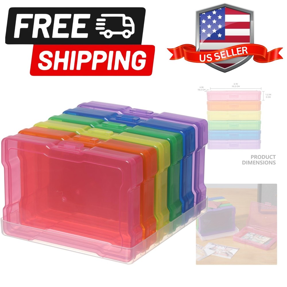 6 Pack 4”x6” Photo Storage Boxes – Multi-Colored Plastic Organizer Cases with...